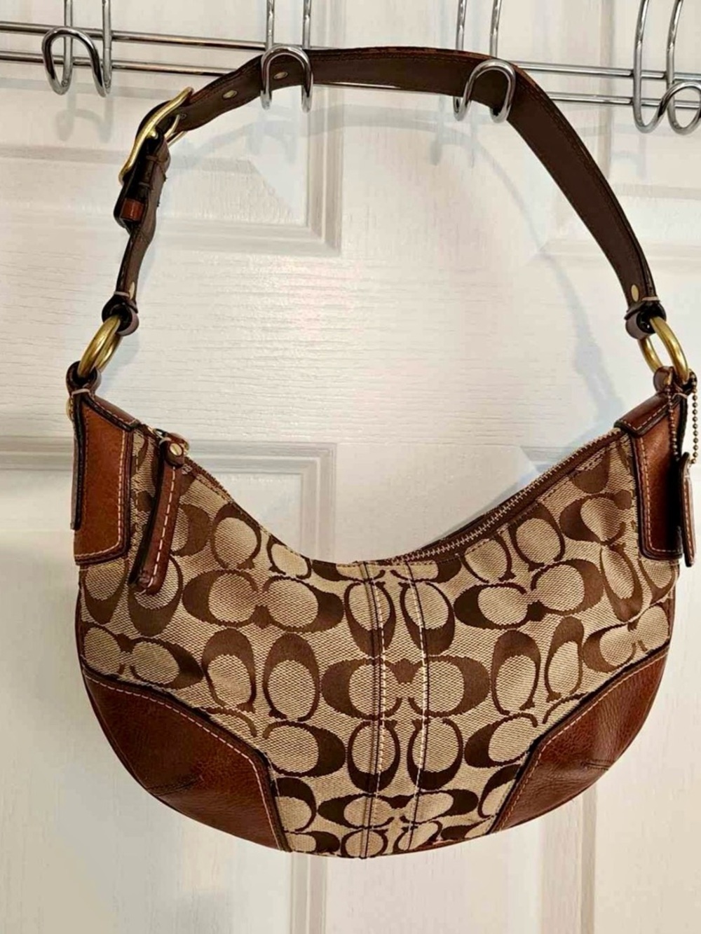 Coach Signature Hobo Bleecker Shoulder Bag Tan Brown Canvas Leather Trim - Picture 1 of 13